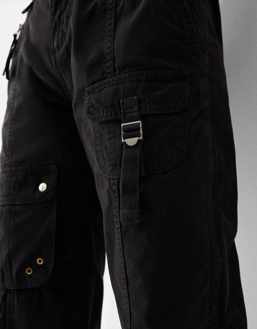 بنطال كارغو قطني بخصر منخفض وشريط-أسود-5