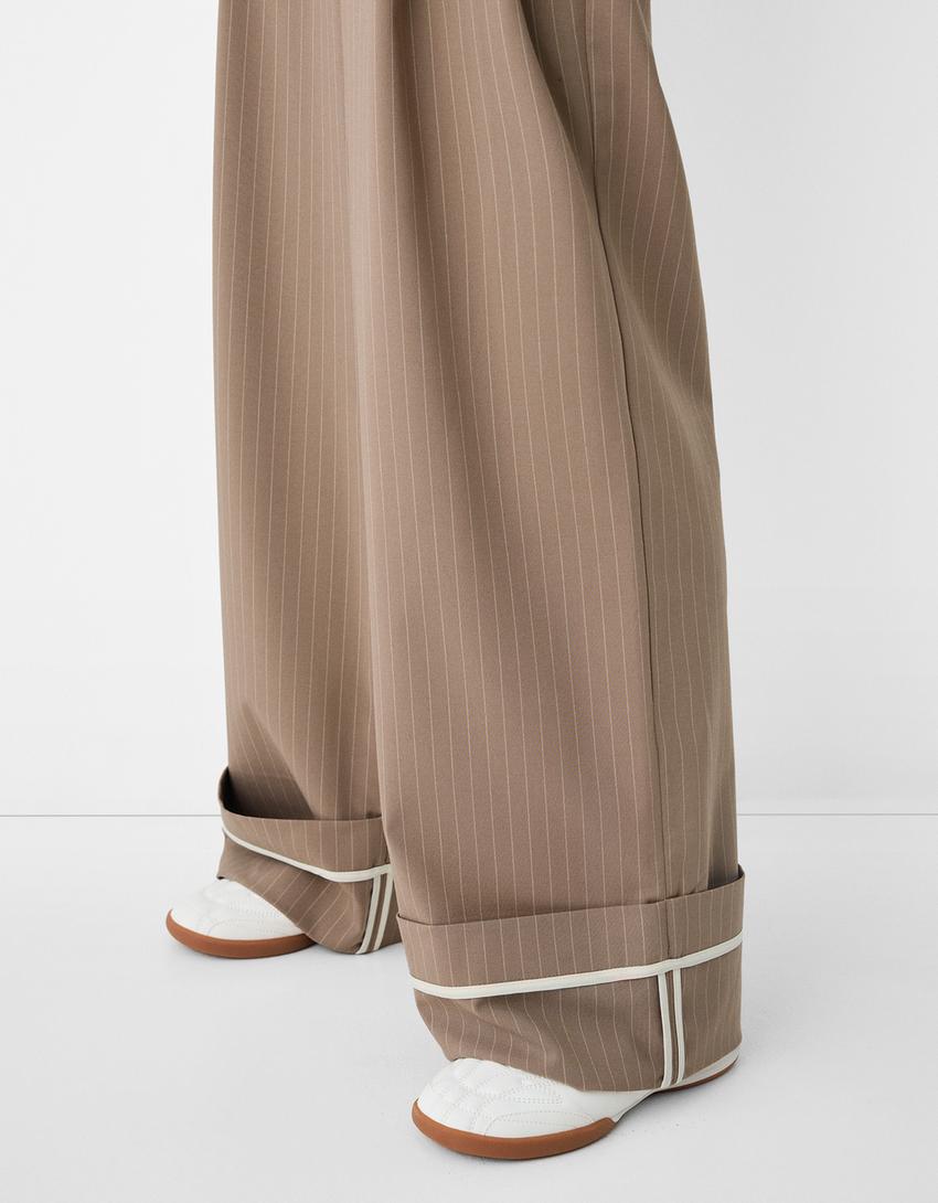 Calças wide leg com pinças-Bege escuro-3