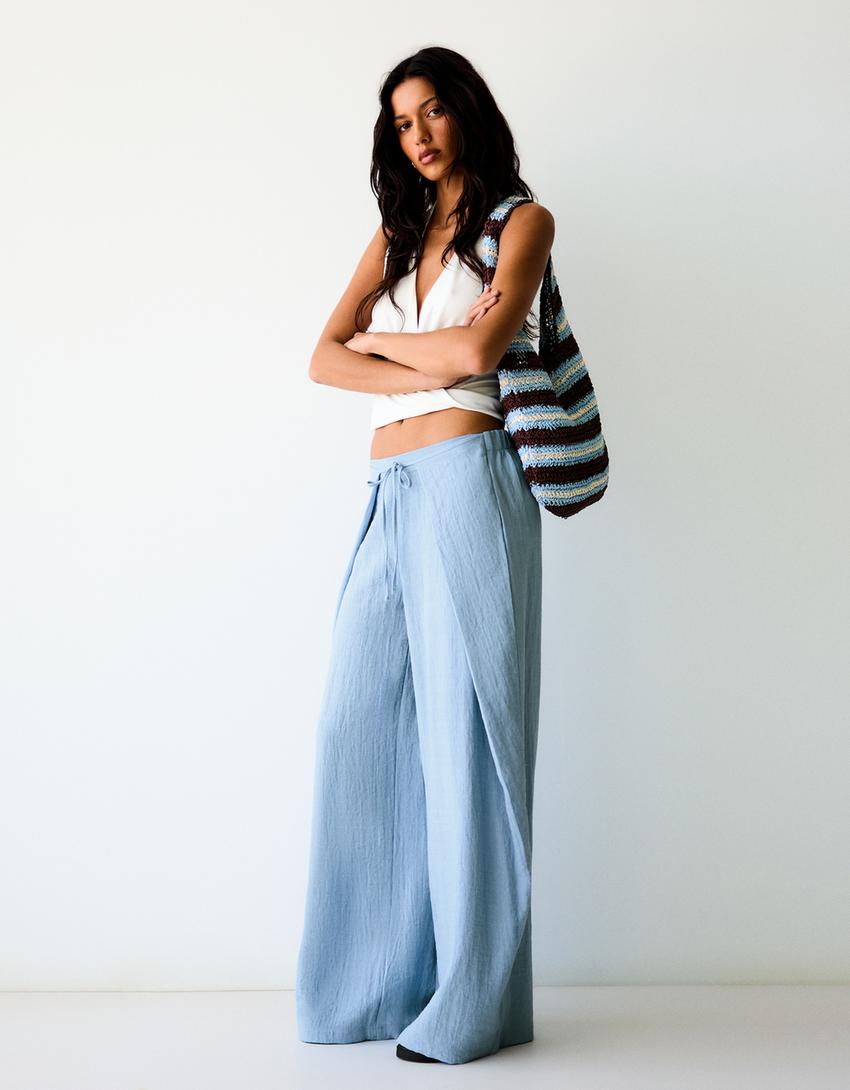 Wide-leg rustic pleated trousers-Light blue