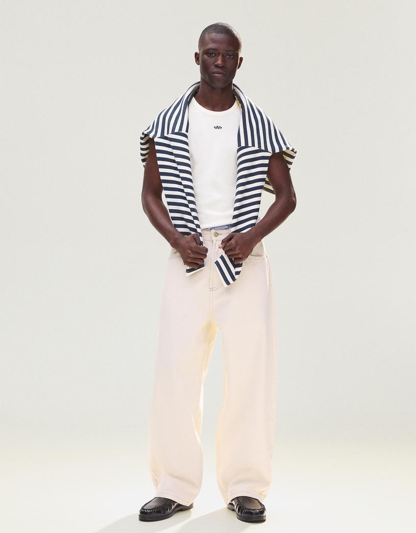 Waffle print vest top-Off white