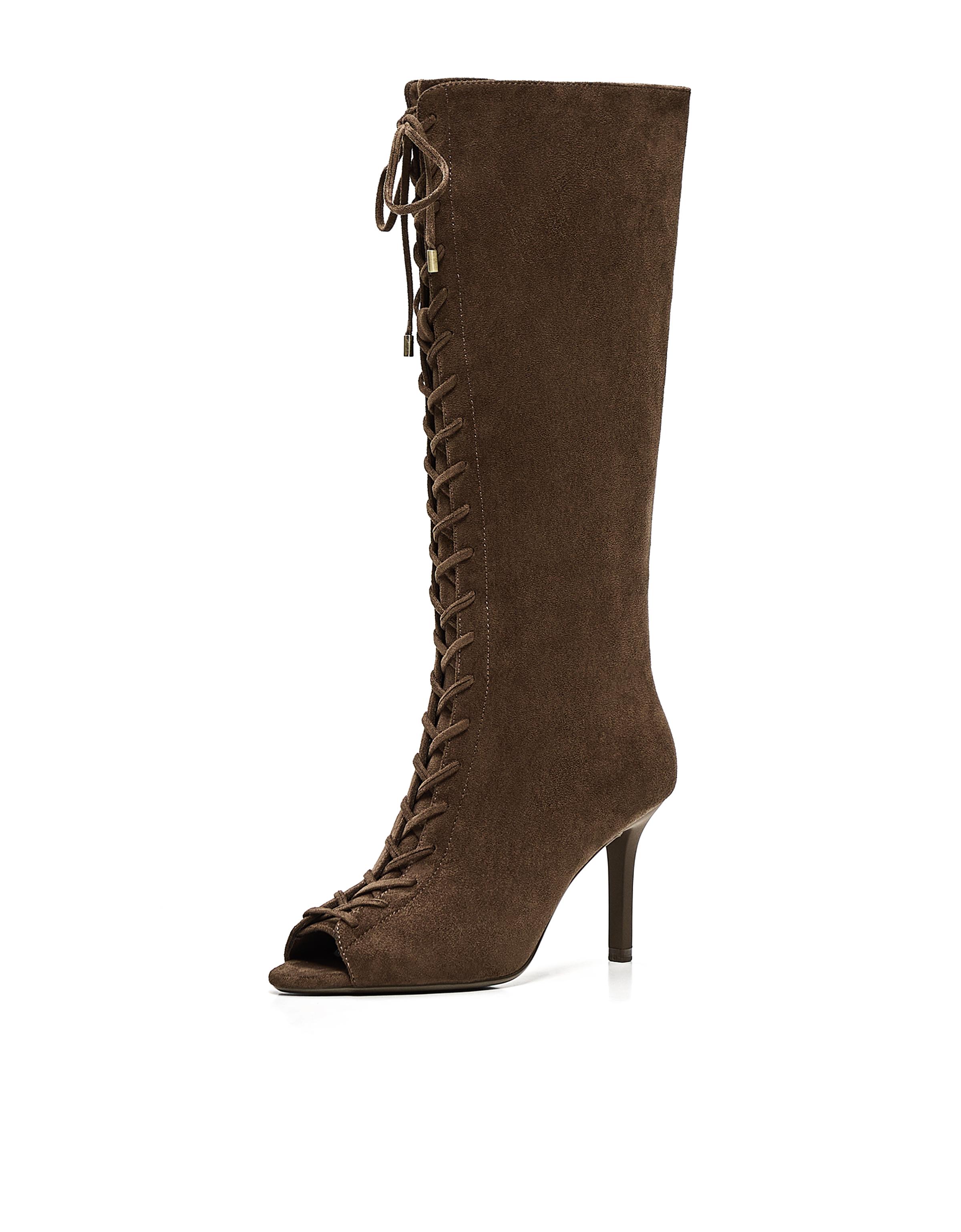 CORSET PEEP TOE HEEL BOOTS — Tan