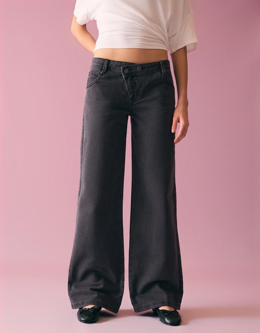 Embroidered twill trousers-Grey