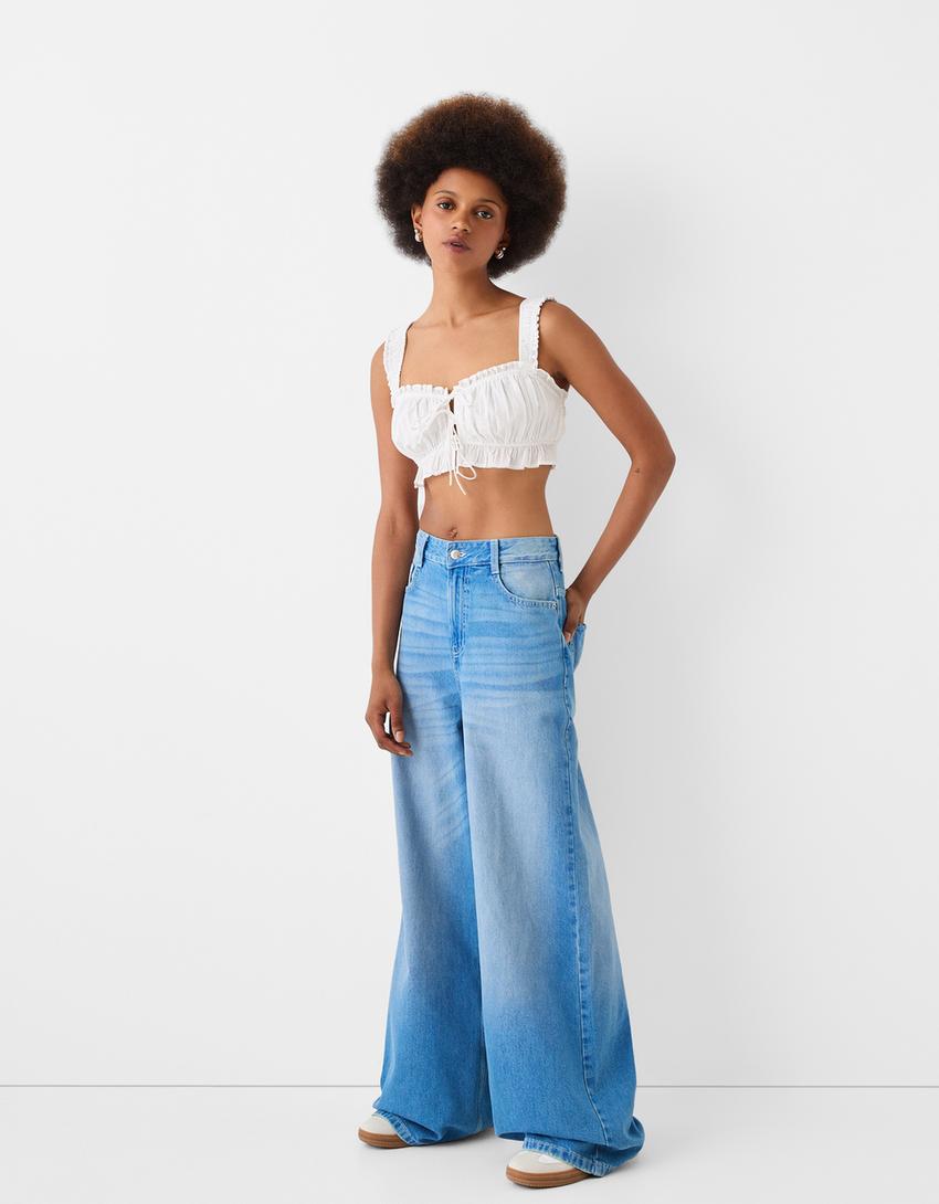 Textured striped top with tie detail-White-3