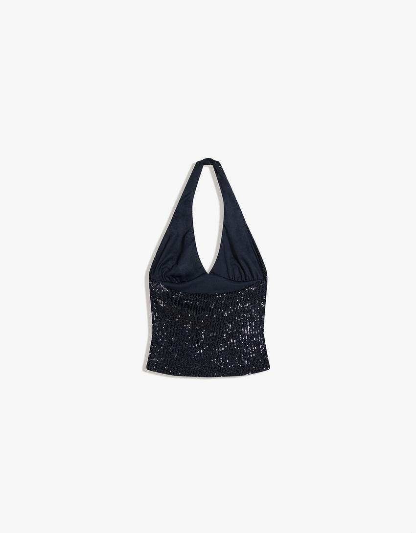 Draped halter top with sequins-Dark blue