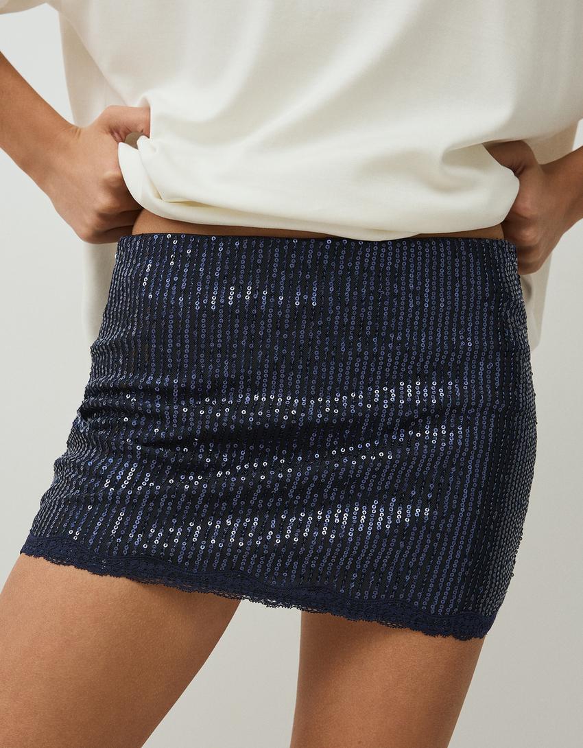 Lace sequinned mini skirt-Navy