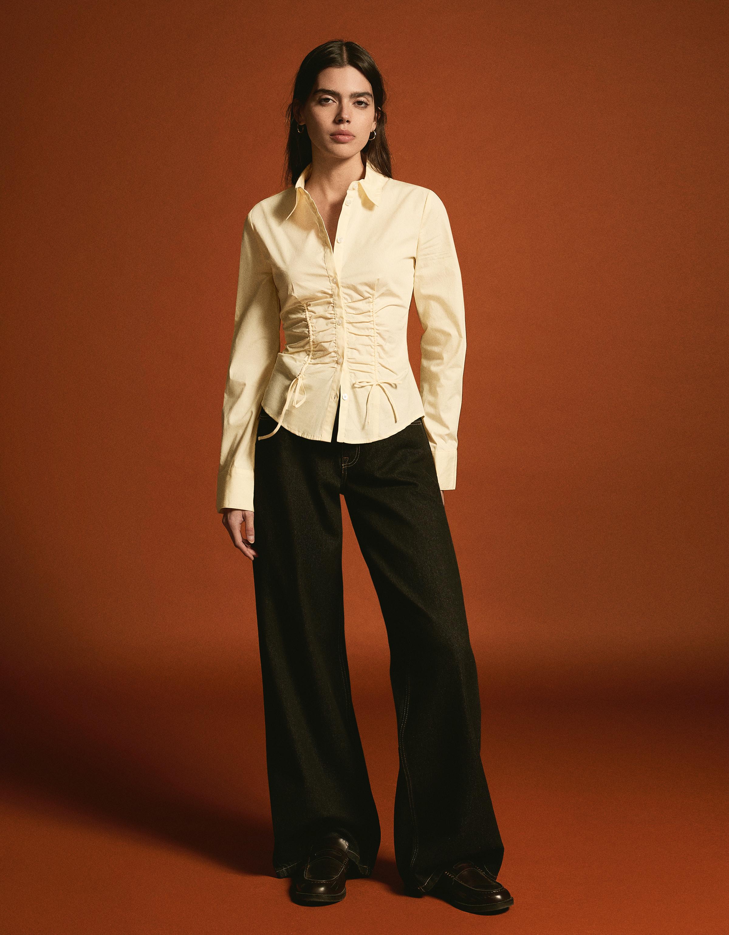 Bershka Camisa Popelín Fruncido Mujer L Amarillo