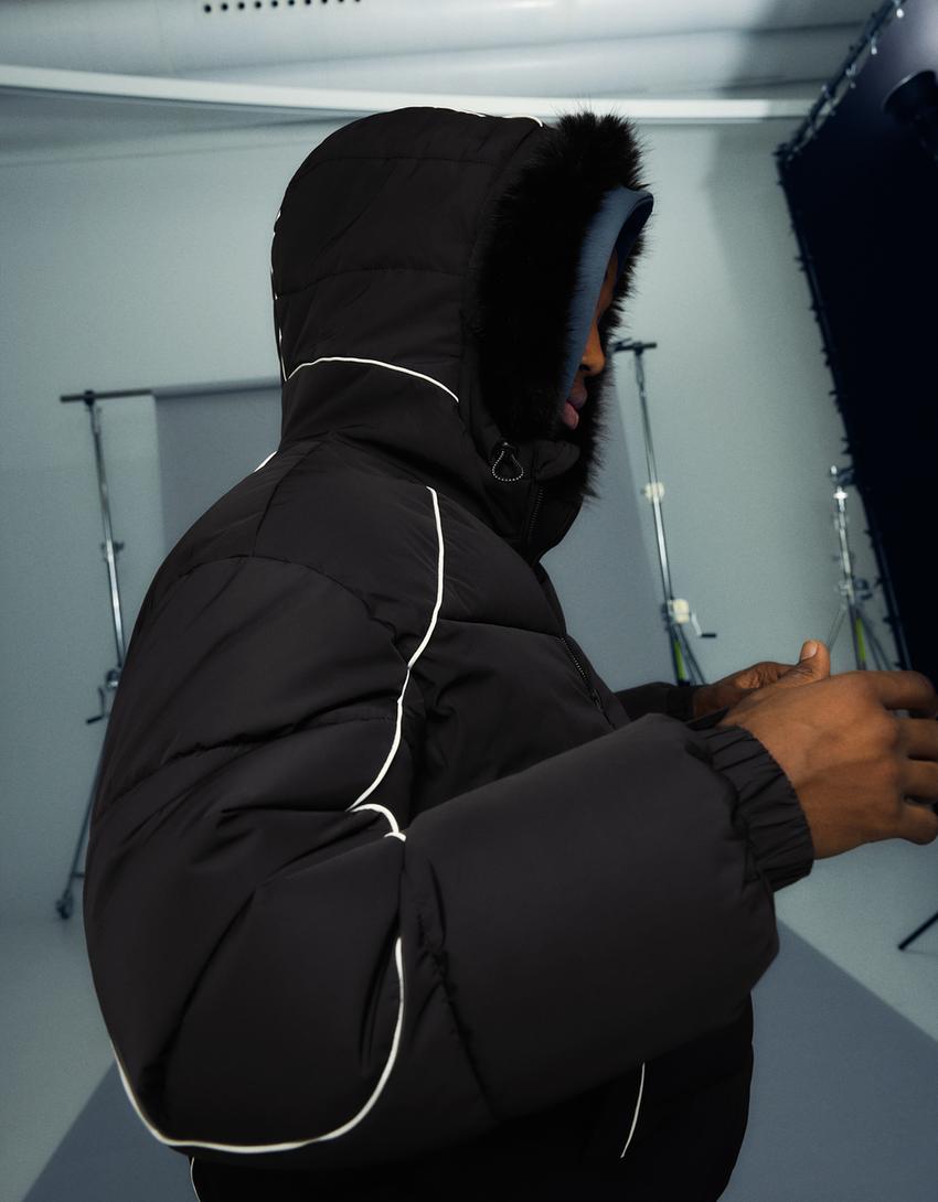 Technical jacket with faux fur hood-Black