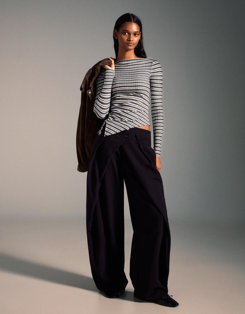 Asymmetric long sleeve T-shirt-Grey