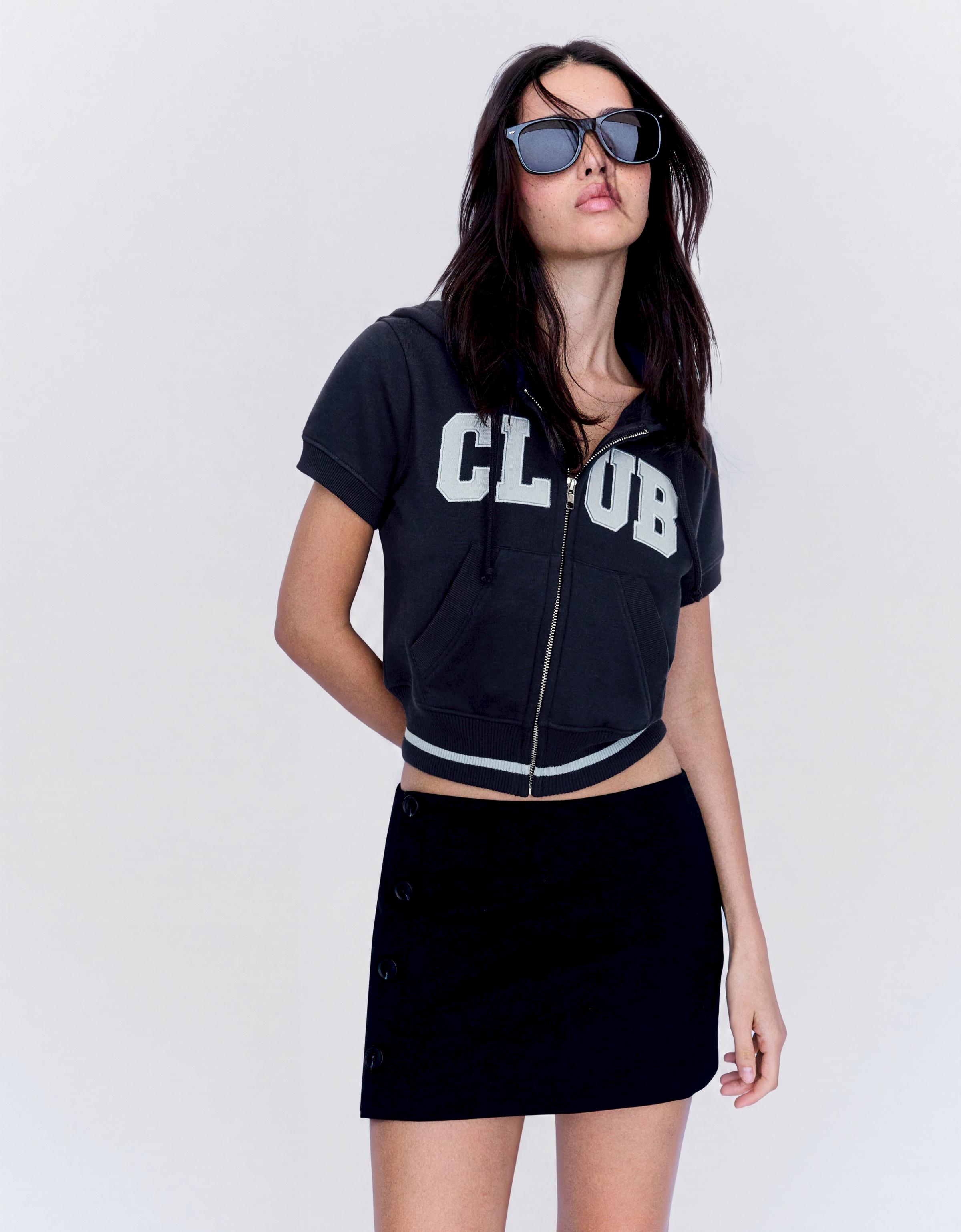 Short-sleeved hooded zip-up sweatshirt — Navy