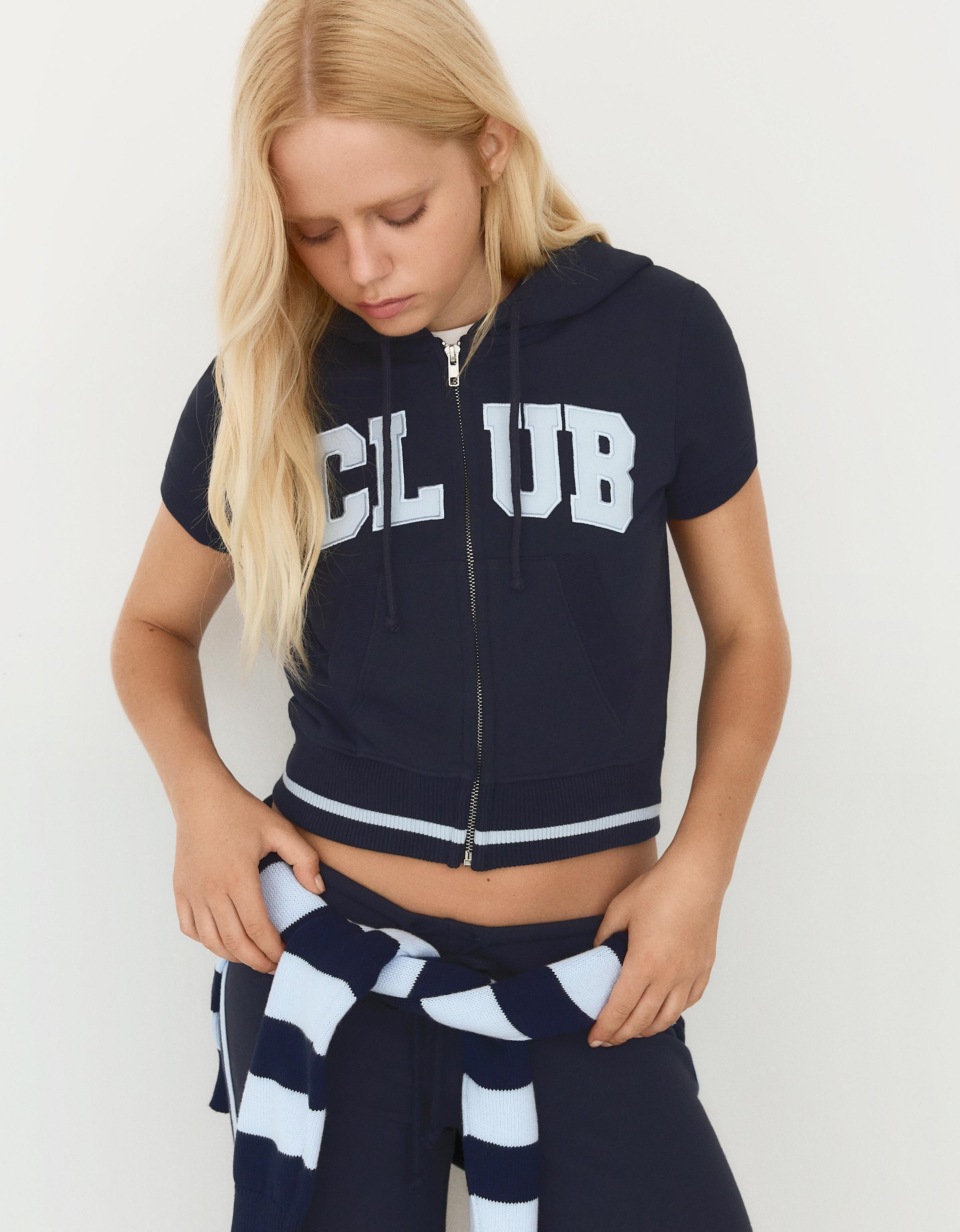 Bershka Kısa kollu kapüşonlu fermuarlı sweatshirt görsel 2