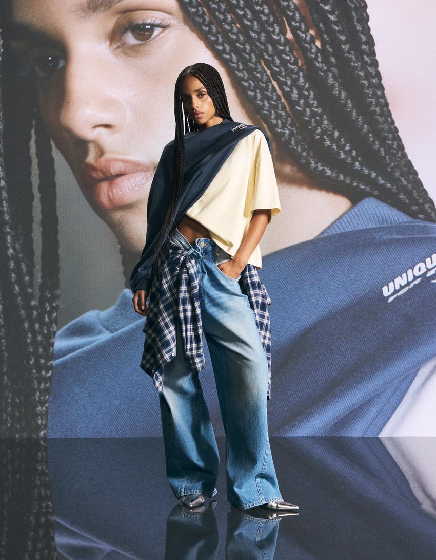 Chemise boxy fit à carreaux brodée out of core-Bleu