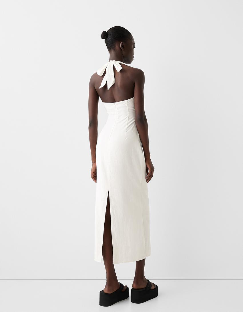 Изрязана дълга рокля с примес на лен-Мръснобяло-2