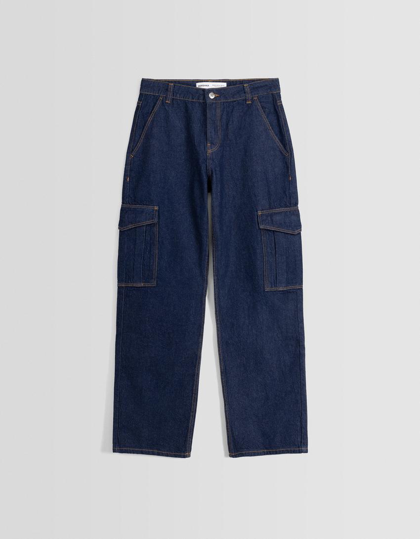 بنطال جينز كارغو بقصّة مستقيمة-أزرق-4