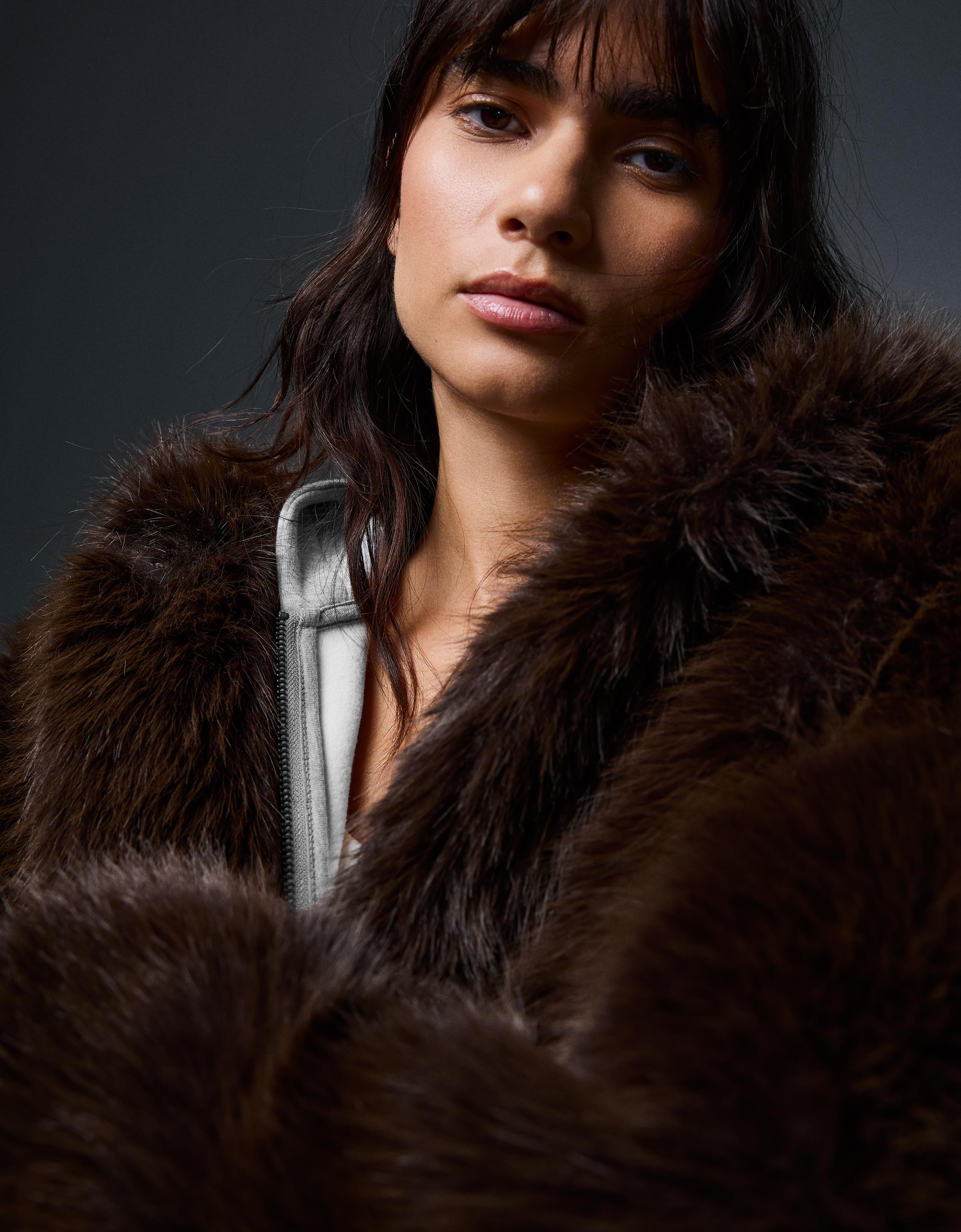 Faux fur hooded jacket — Brown