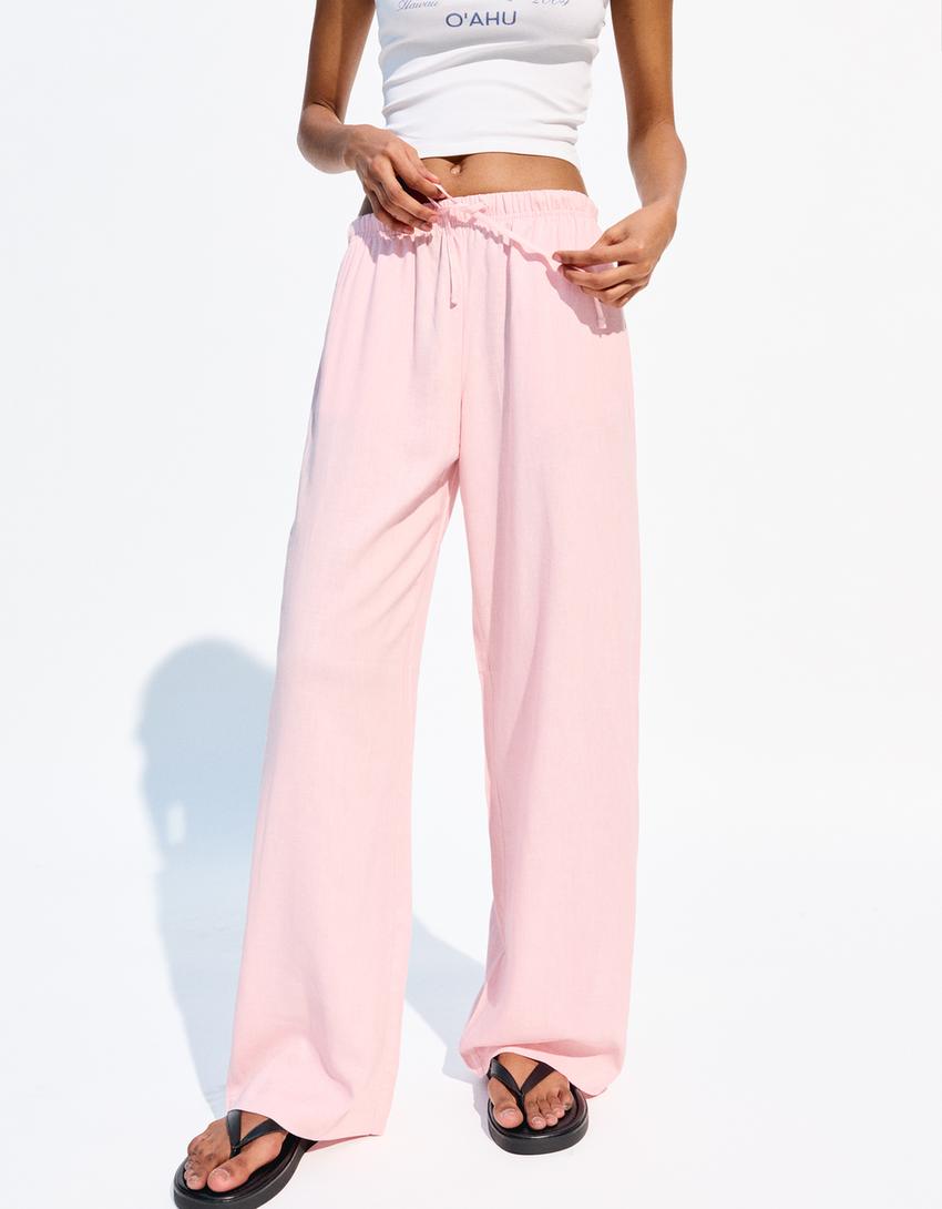 Linen blend trousers with an elasticated waistband-Pink