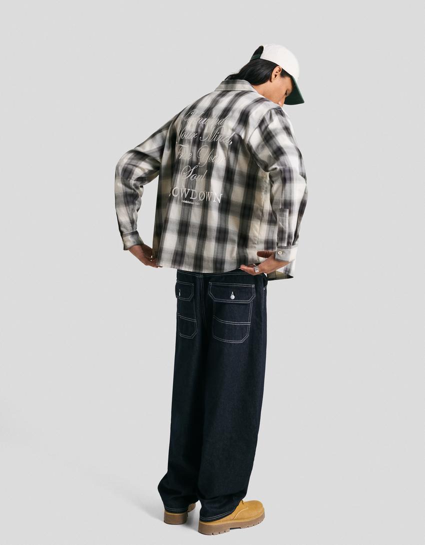 Long-sleeve embroidered check shirt-Grey
