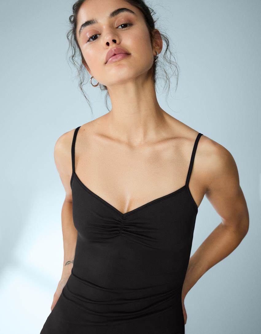 Vestido midi tirantes fruncido-Negro