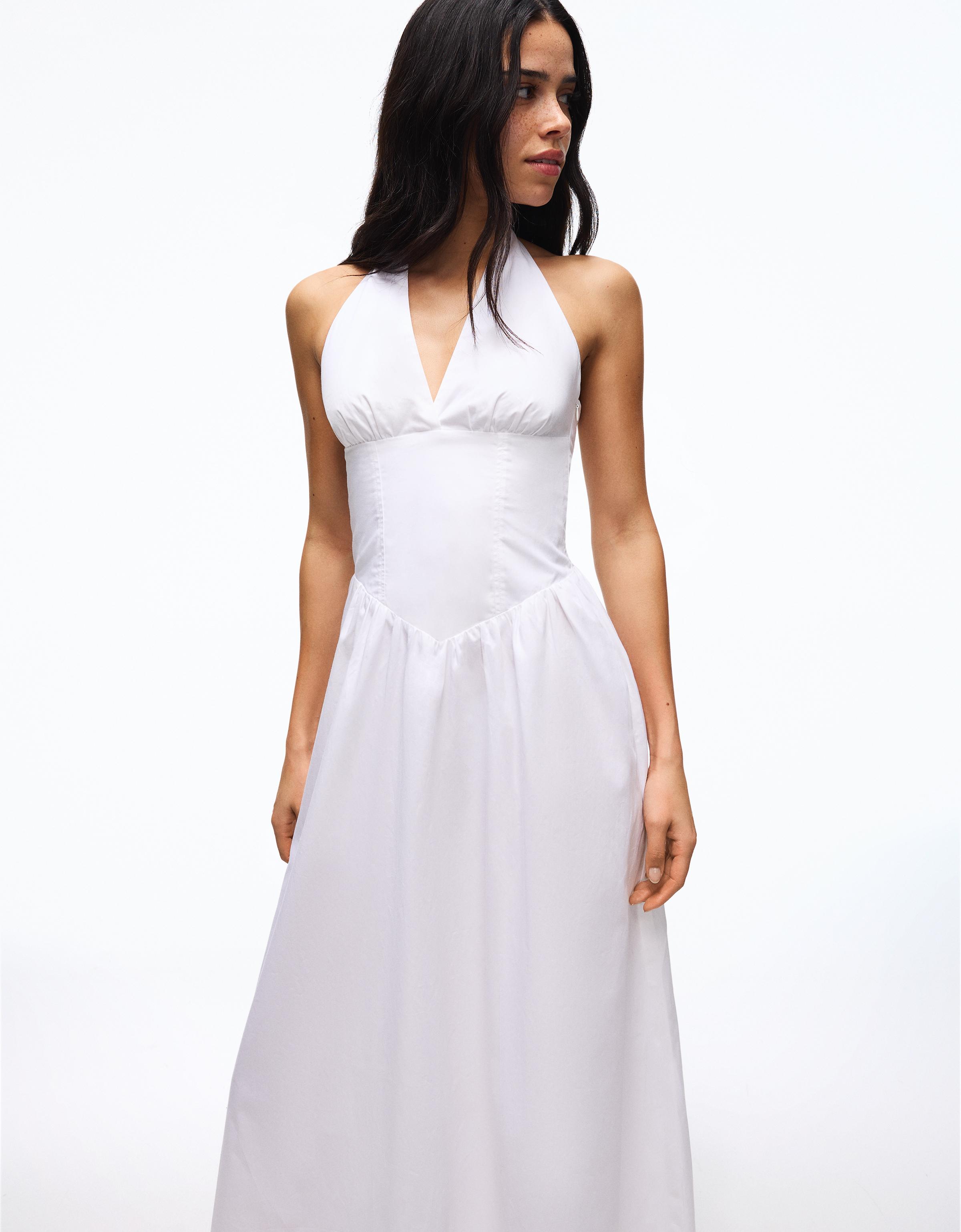 Long halter poplin dress — White