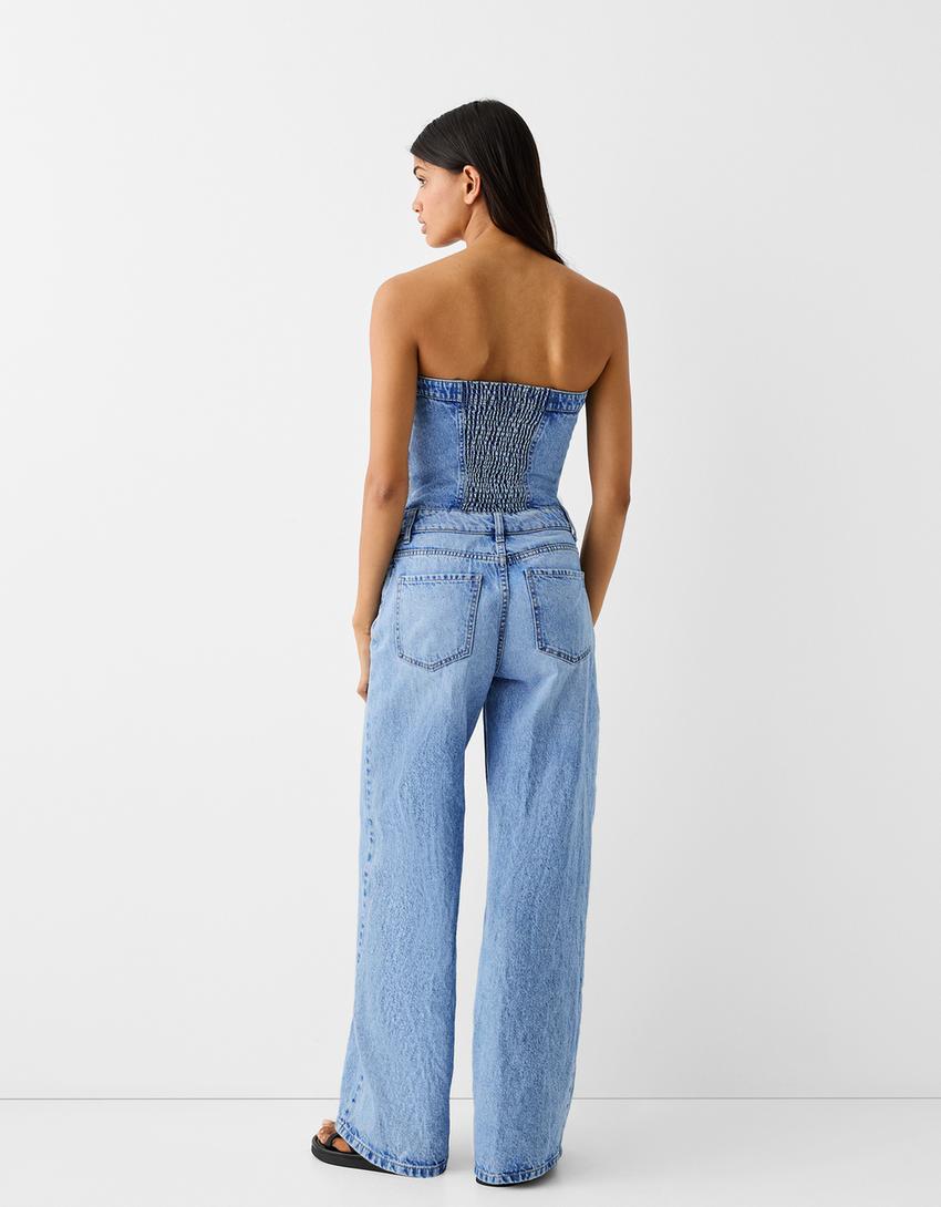 أفرول دنيم بفتحة صدر واسعة وساق عريضة-أزرق فاتح-2