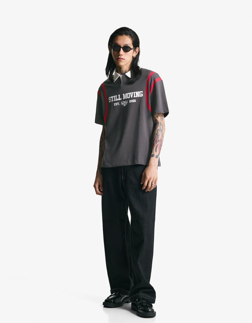 Printed short sleeve polo shirt-Grey-2
