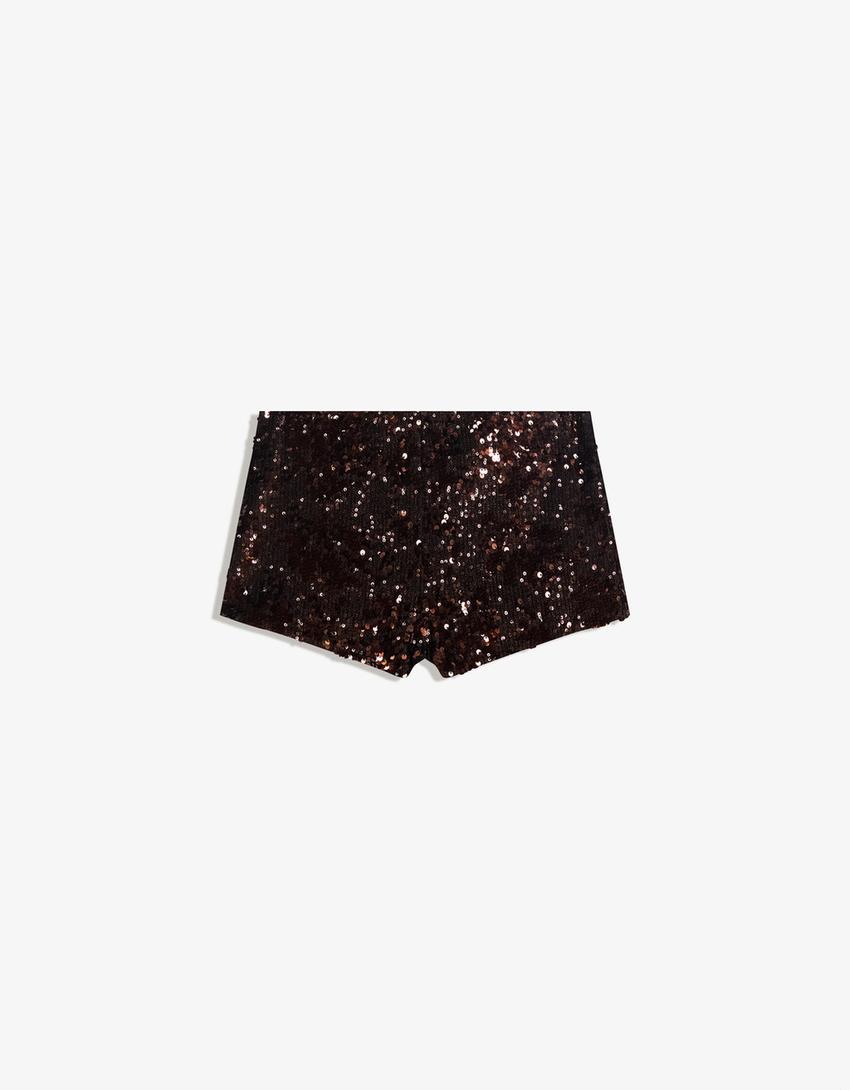 Sequinned mini shorts-Brown