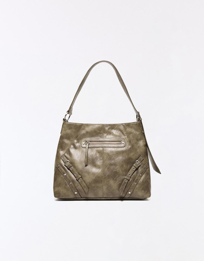 Faux leather bucket bag with buckles-Sand