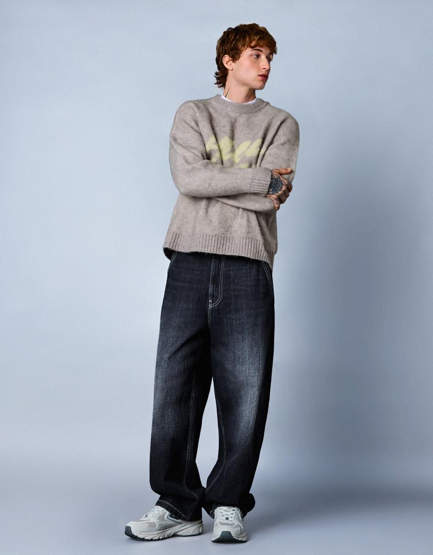 Pull effet brossé imprimé-Gris