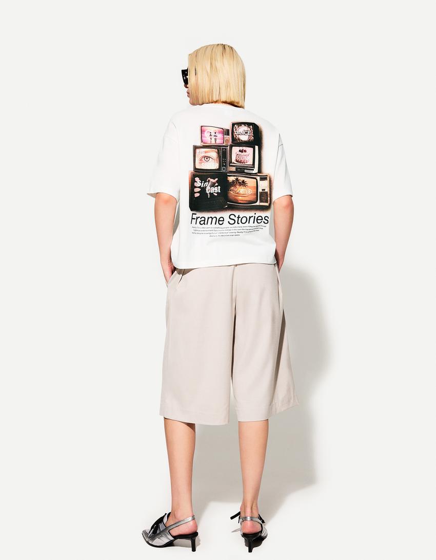 Printed short sleeve oversize T-shirt-Cream-1