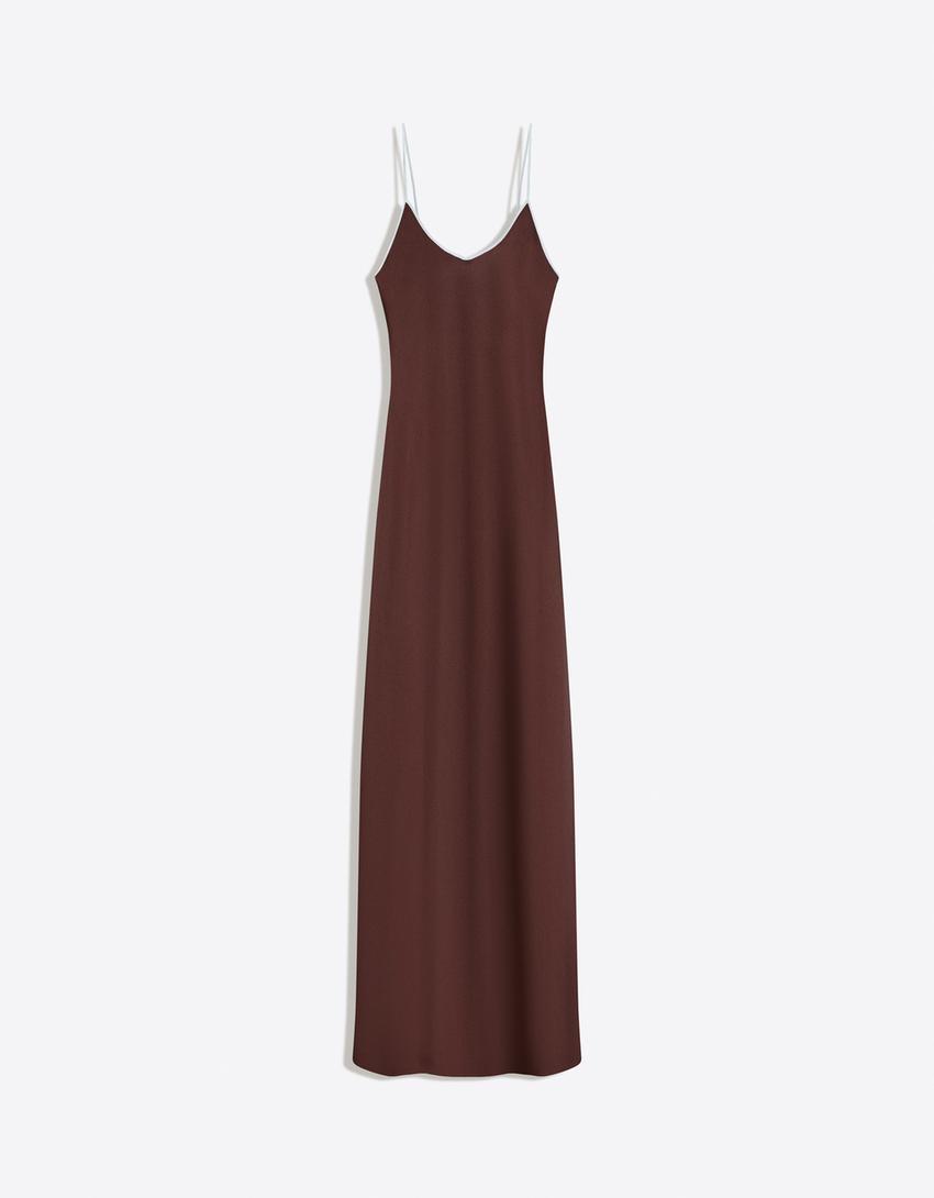 Vestido midi satén tirantes-Marrón