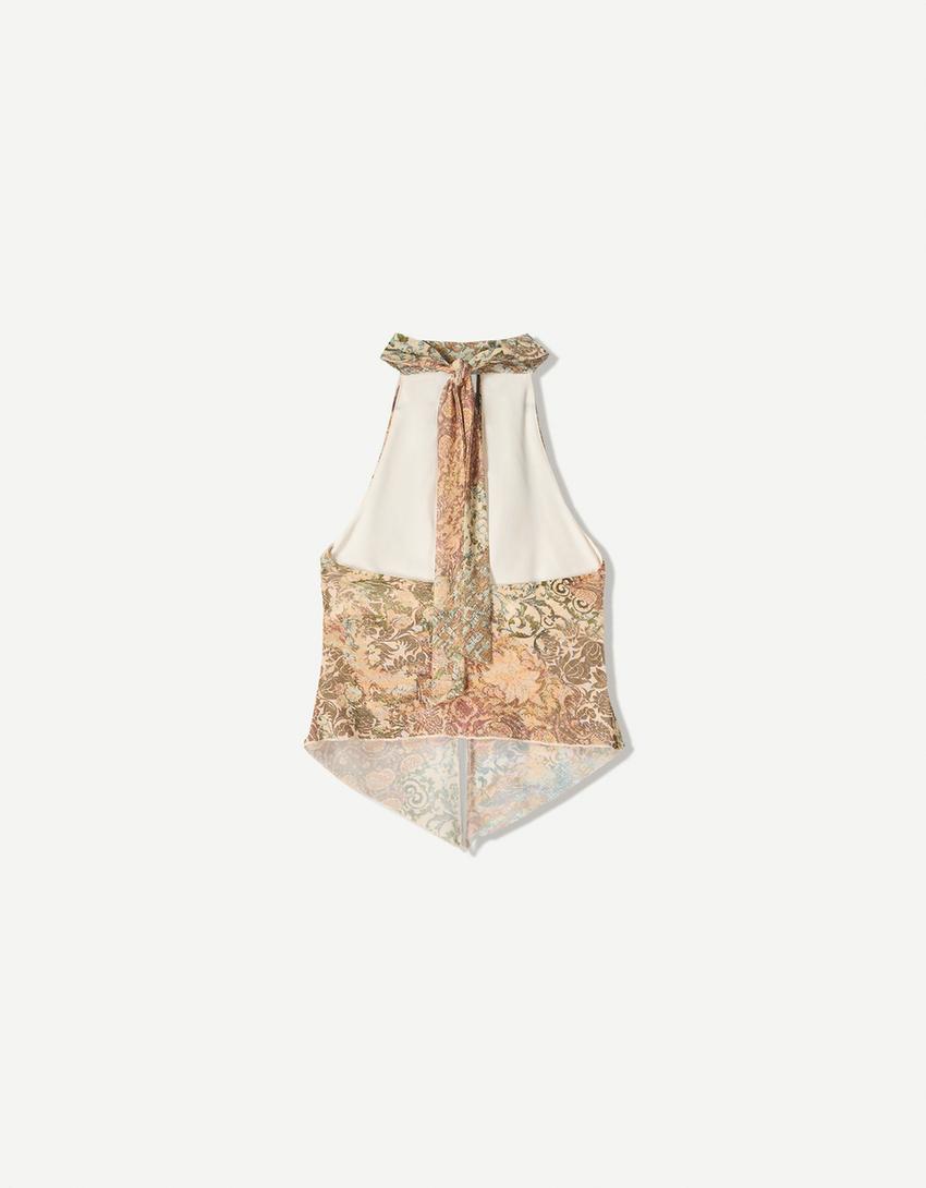 Printed tulle halter top-Green-4