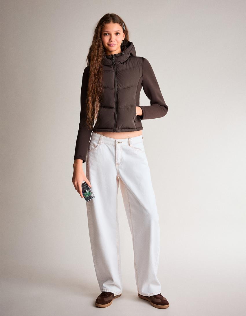 جاكيت بغطاء رأس مدمج بتأثير النيوبرين-بني