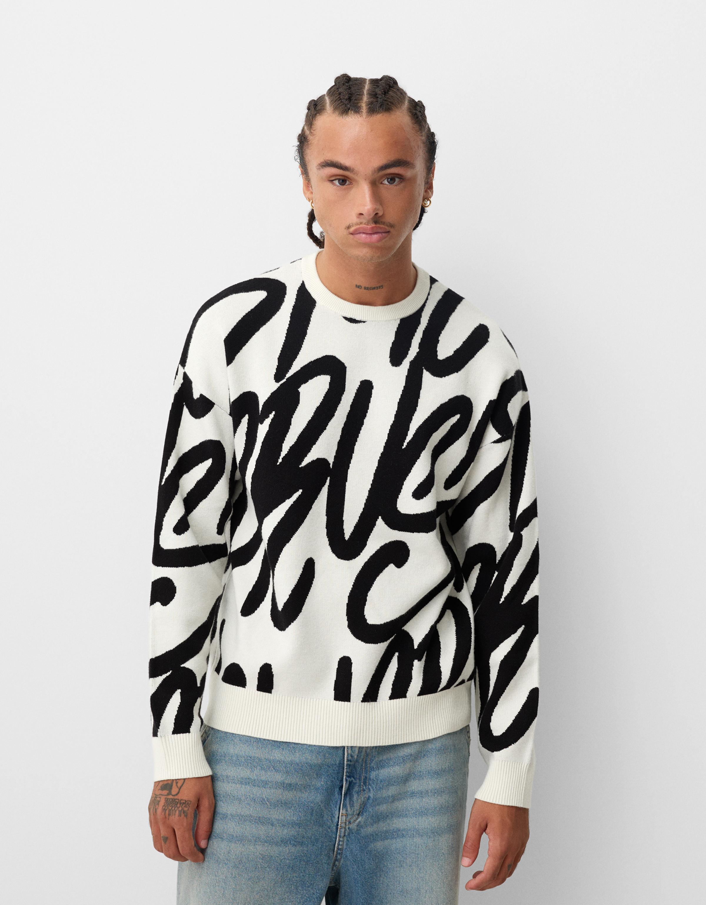 Bershka Pullover Mit Print Herren M Weiss / Schwarz