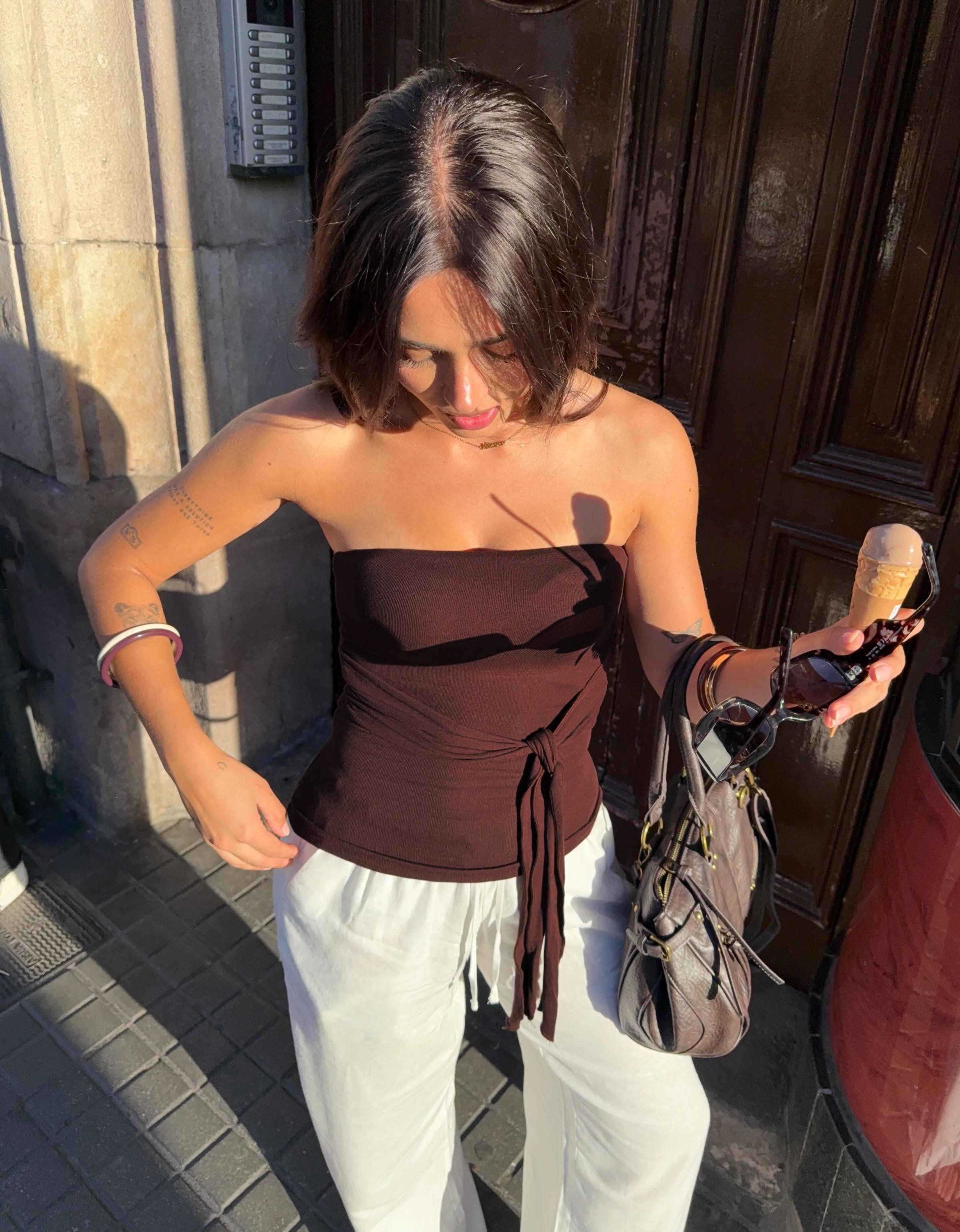Bandeau top with tie detail — Brown