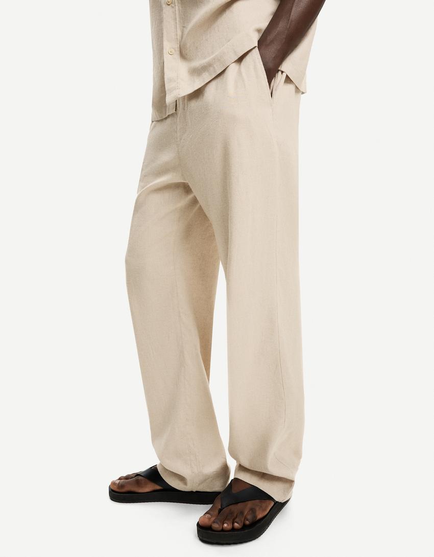 Pantaloni wide leg jogger misto lino-Sabbia-2