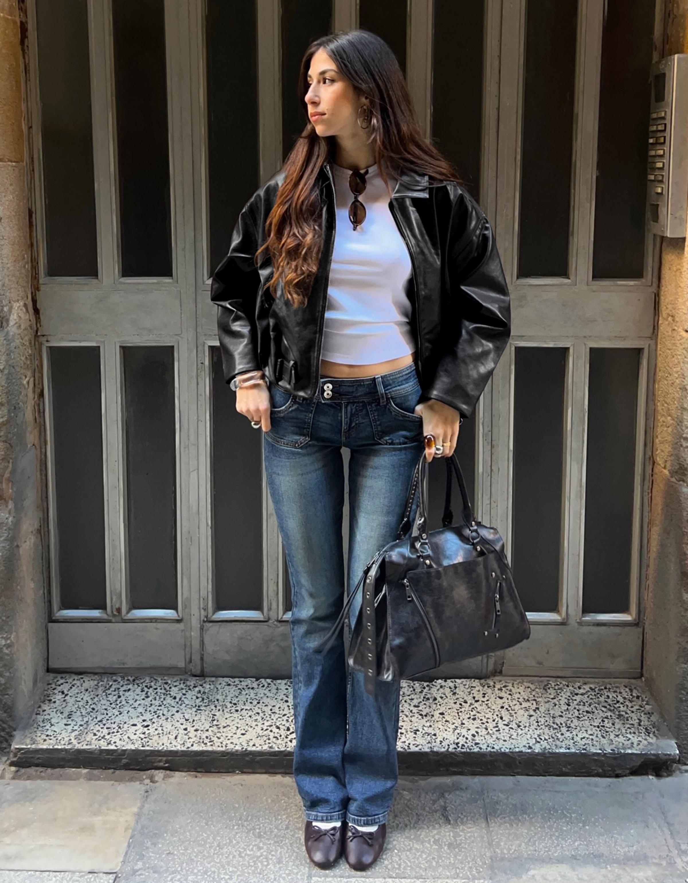 Leather effect bomber jacket with belt — Black