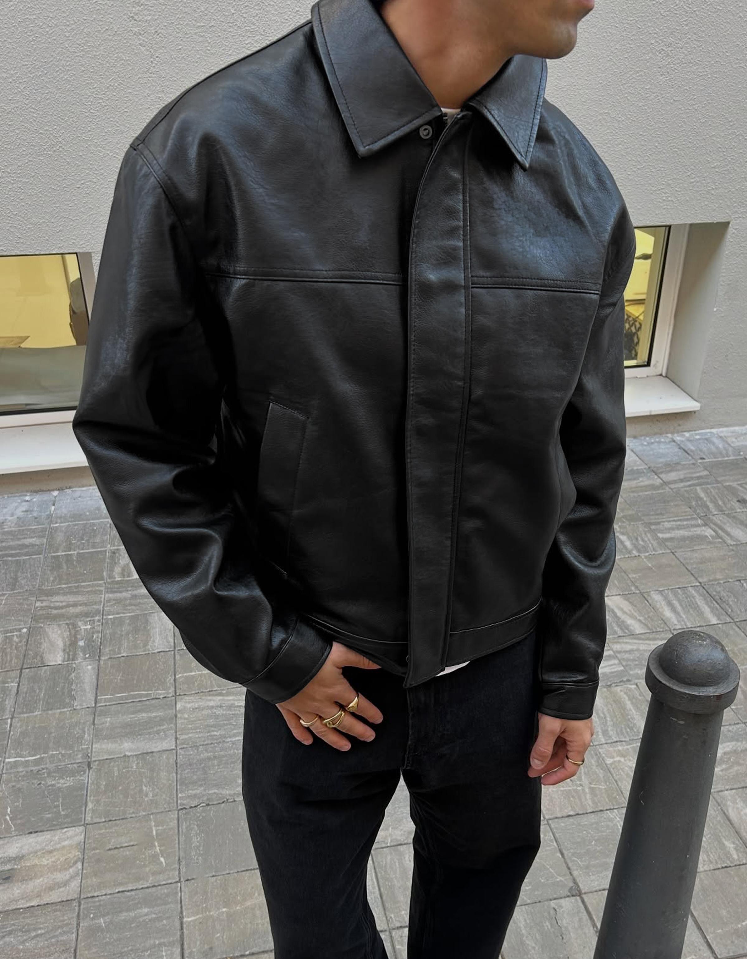 Suni deri boxy fit ceket - Görsel 13