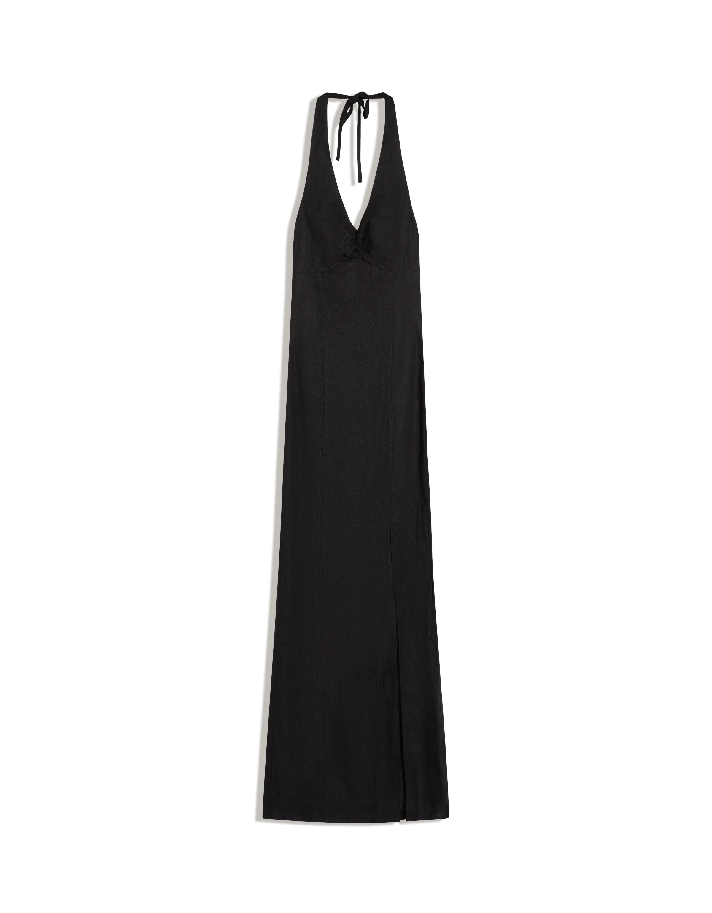 Halter midi dress with linen — Black