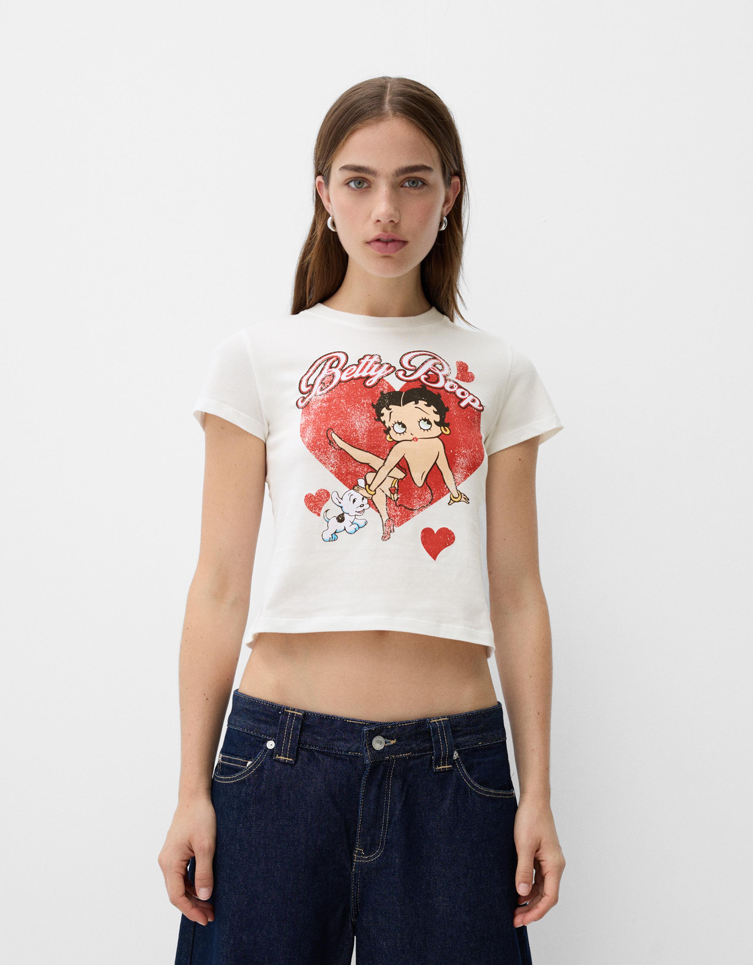 Bershka T-Shirt Betty Boop Damen L Grbrochenes Weiss