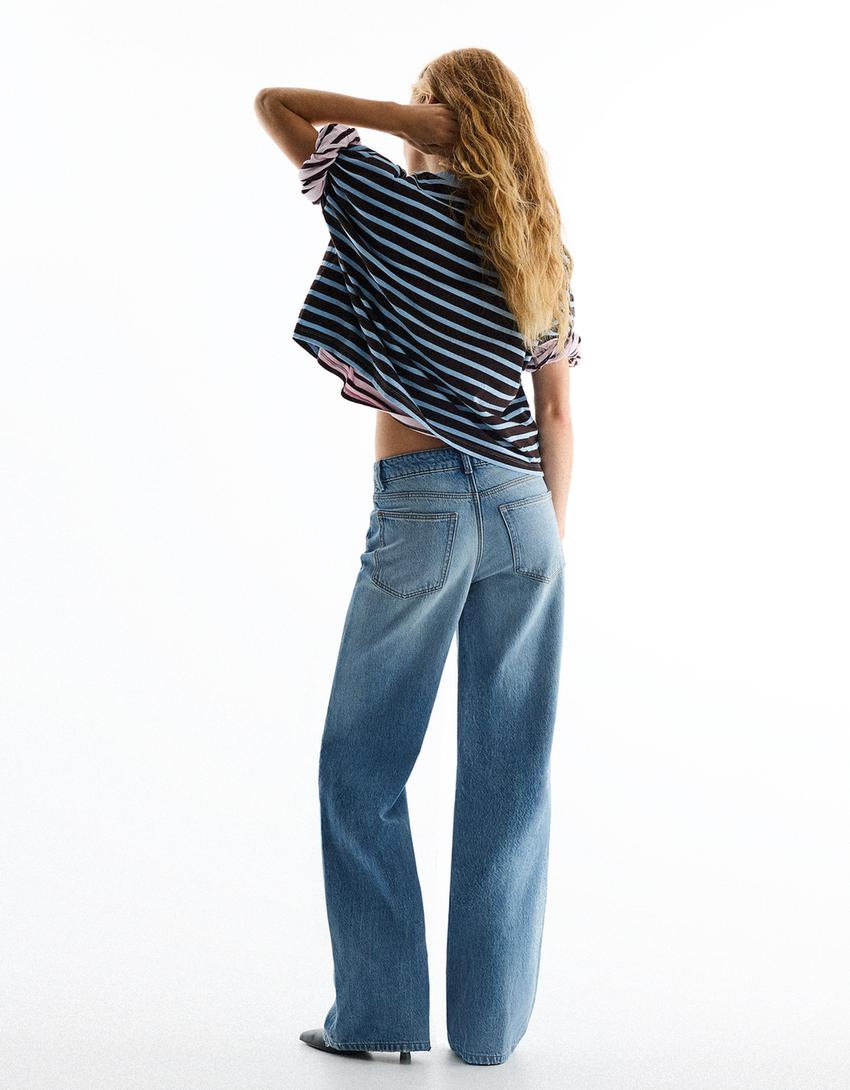 High-waist wide-leg vintage wash jeans-Light blue