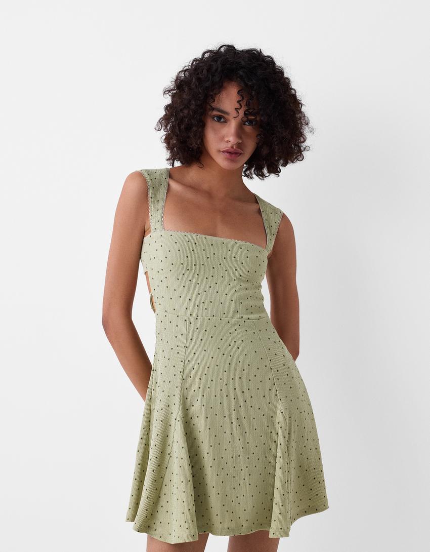 فستان قصير بطبعة وأكمام قصيرة-كاكي-1