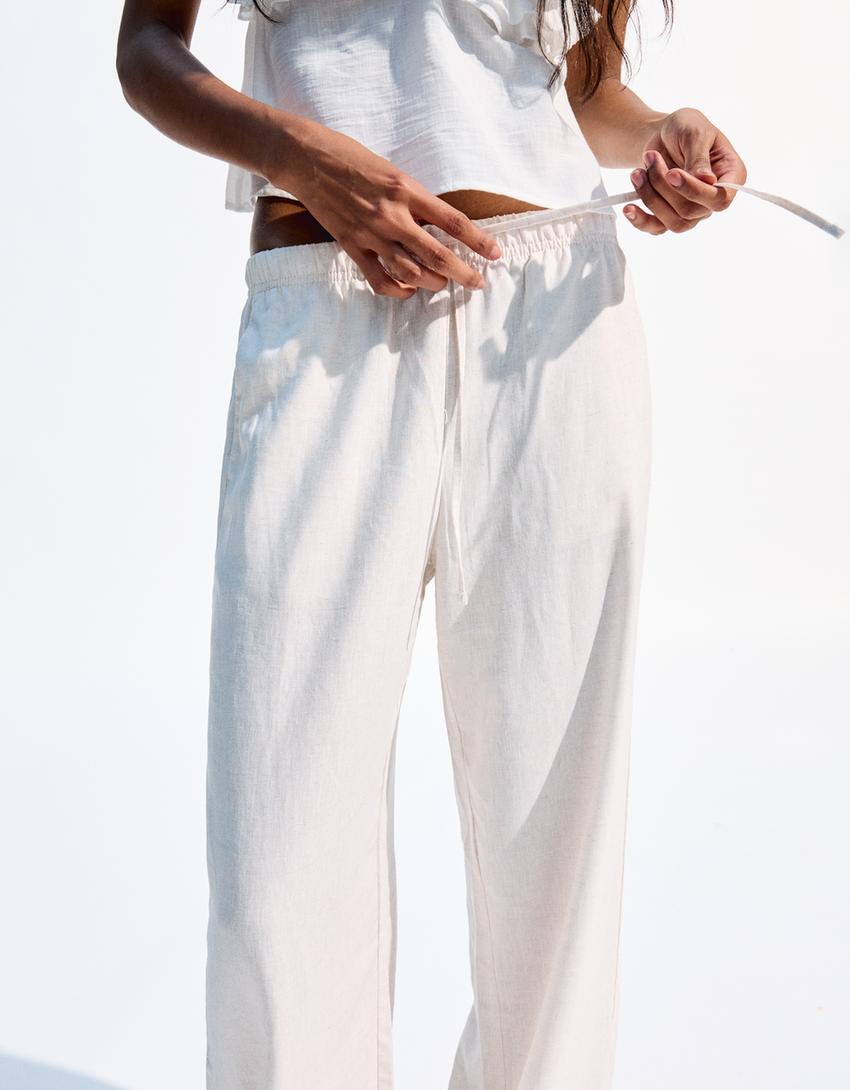 Beli lastikli keten pantolon-Kum rengi-1