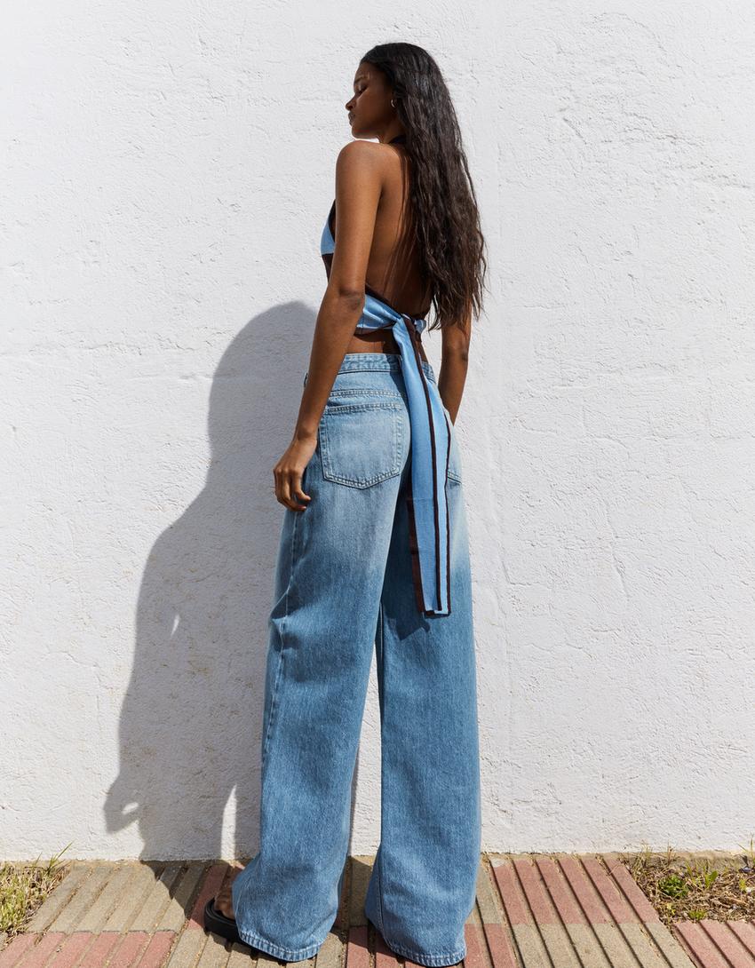 Traperice širokih nogavica visokog struka i preklopljenog pojasa-Isprana plava