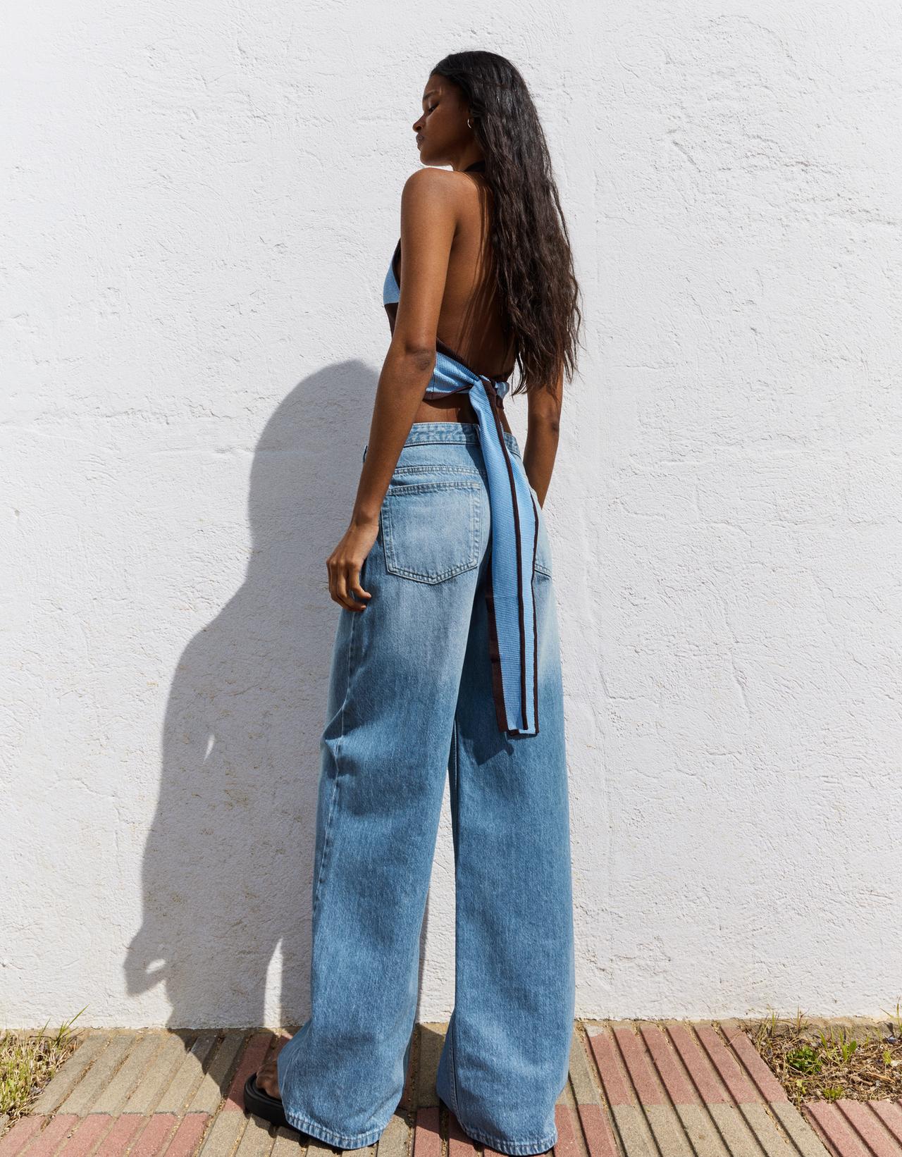 Wide leg jeans with crossover waist — Light blue