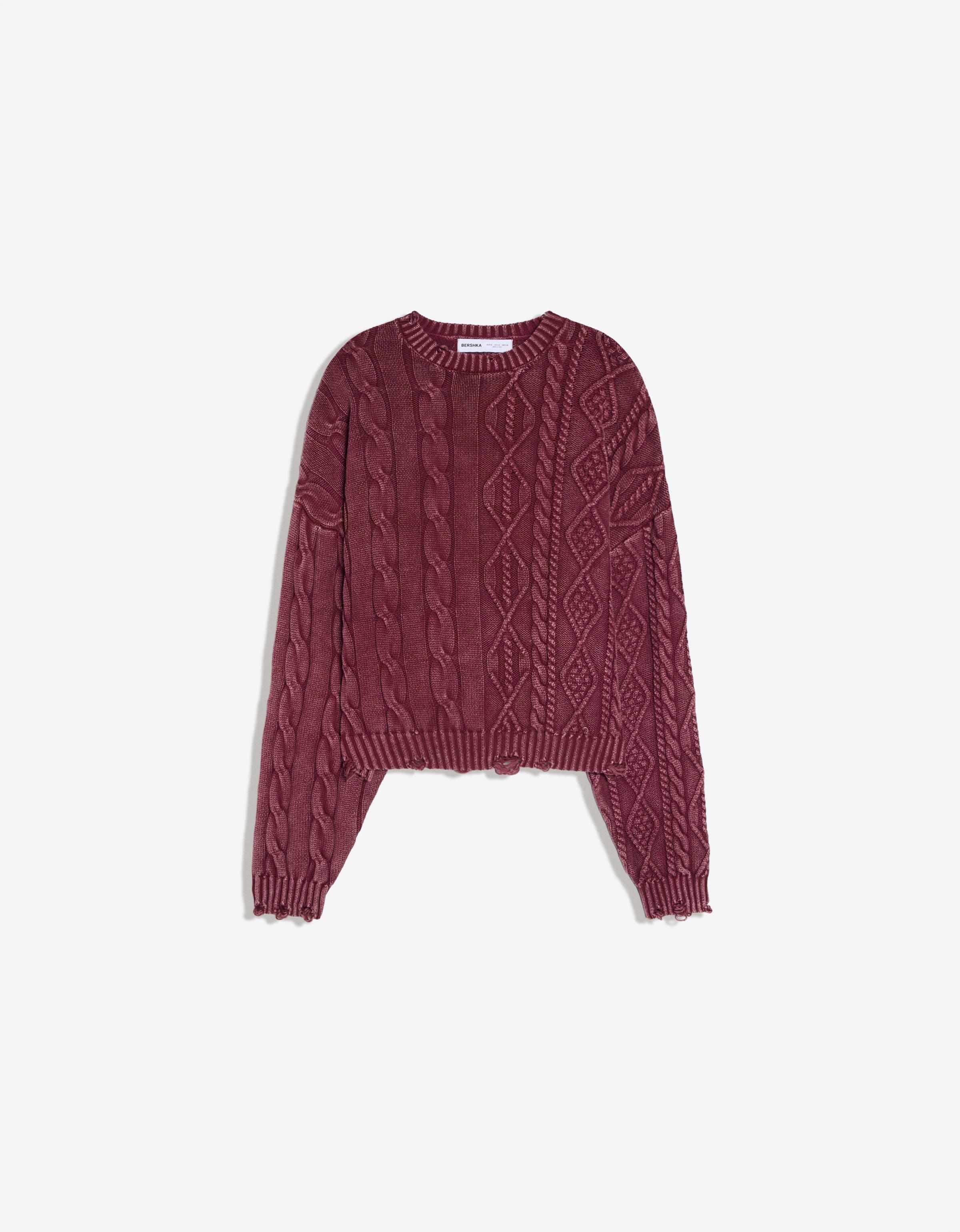 Washed-effect cable-knit jumper — Maroon