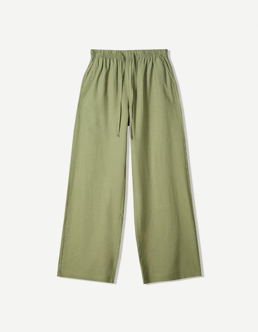 Linen blend trousers with an elasticated waistband-Khaki-3
