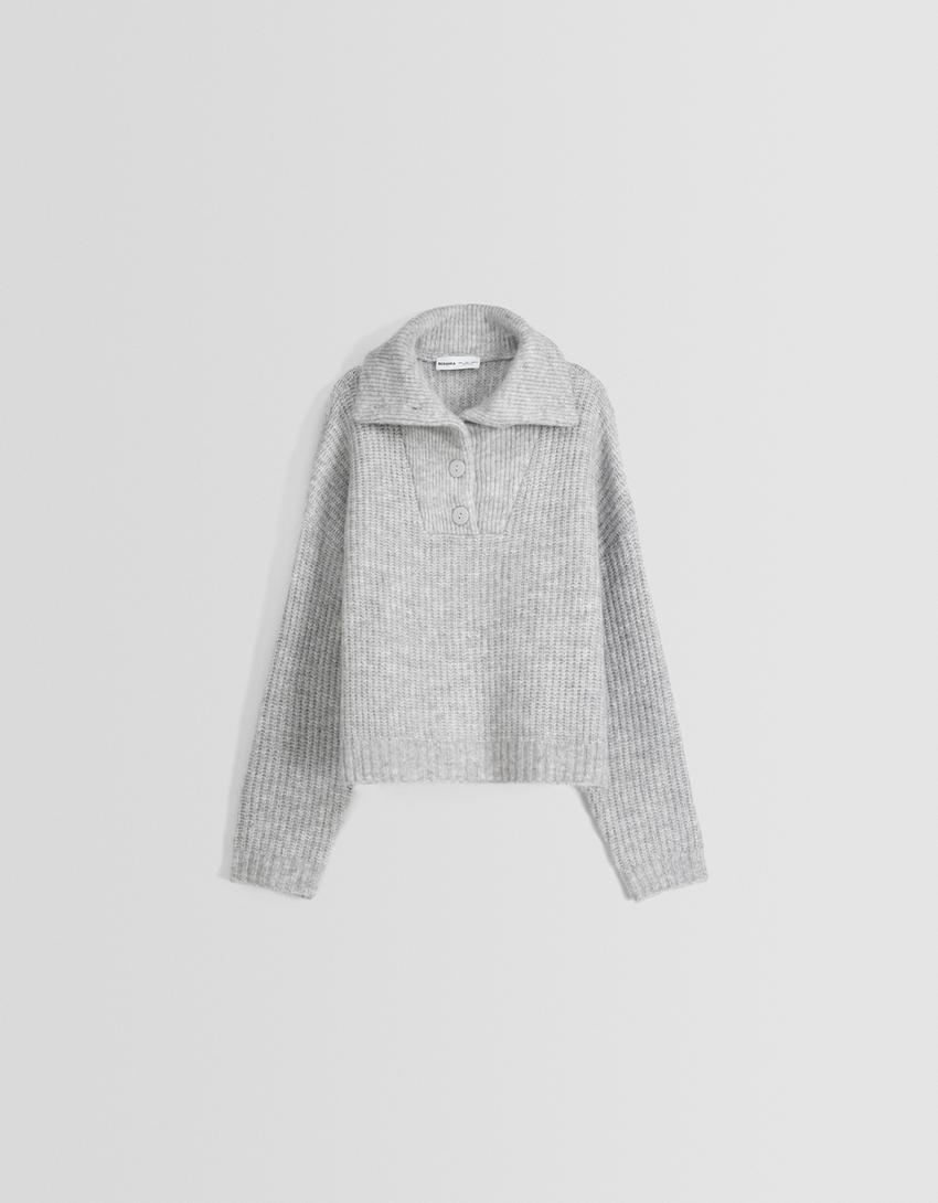 Polo collar sweater with buttons-Grey