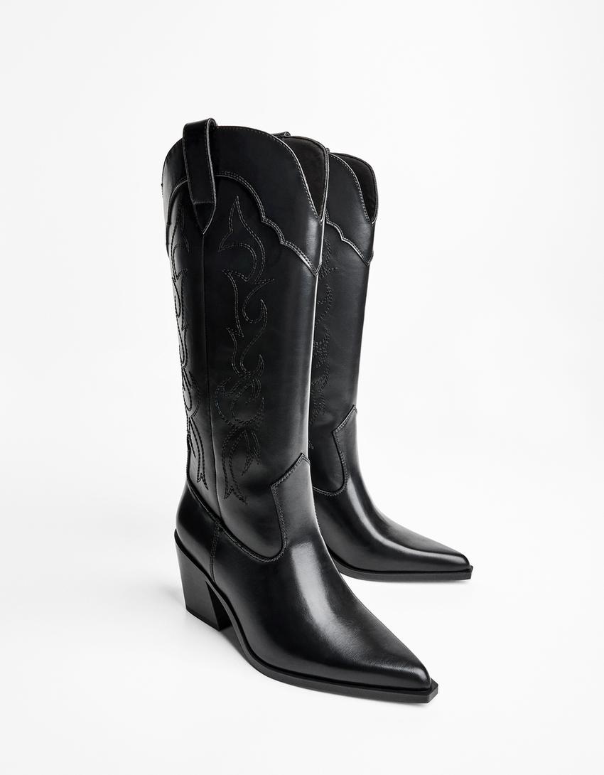 Bota tacón cowboy bordados-Negro-4