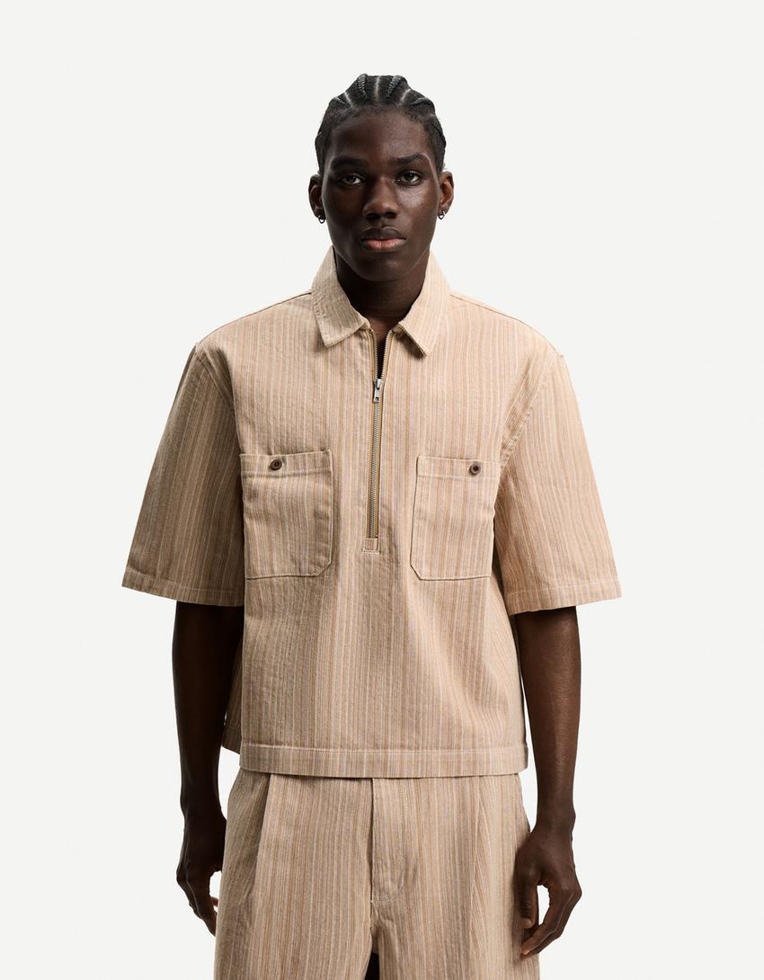Camisa manga corta denim rayas-Crudo-0