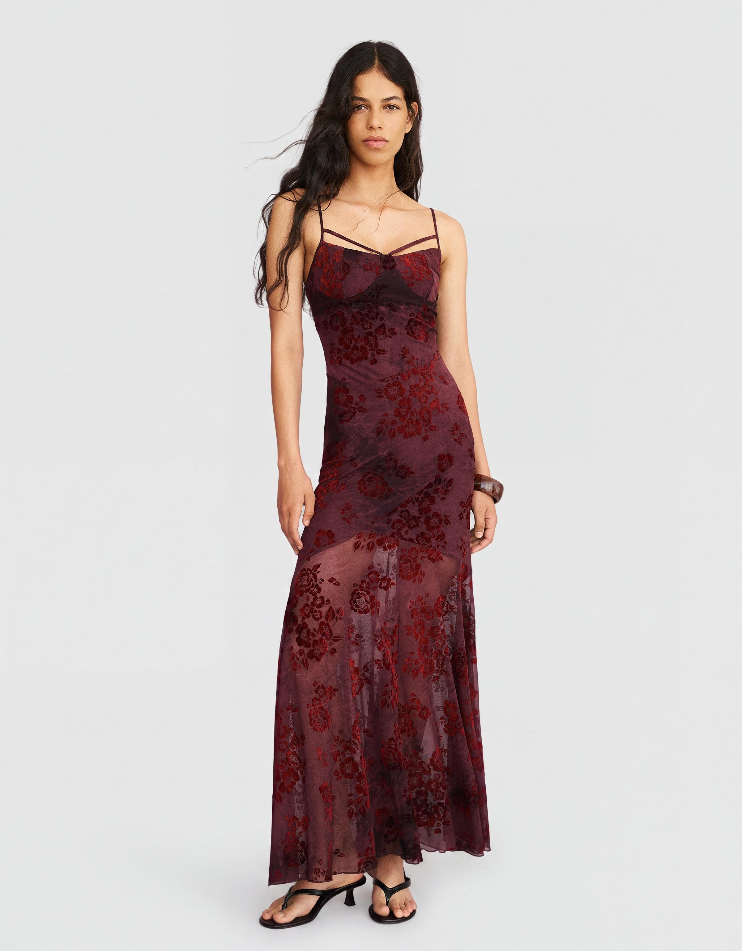 Flocked tulle midi dress with straps — Brown
