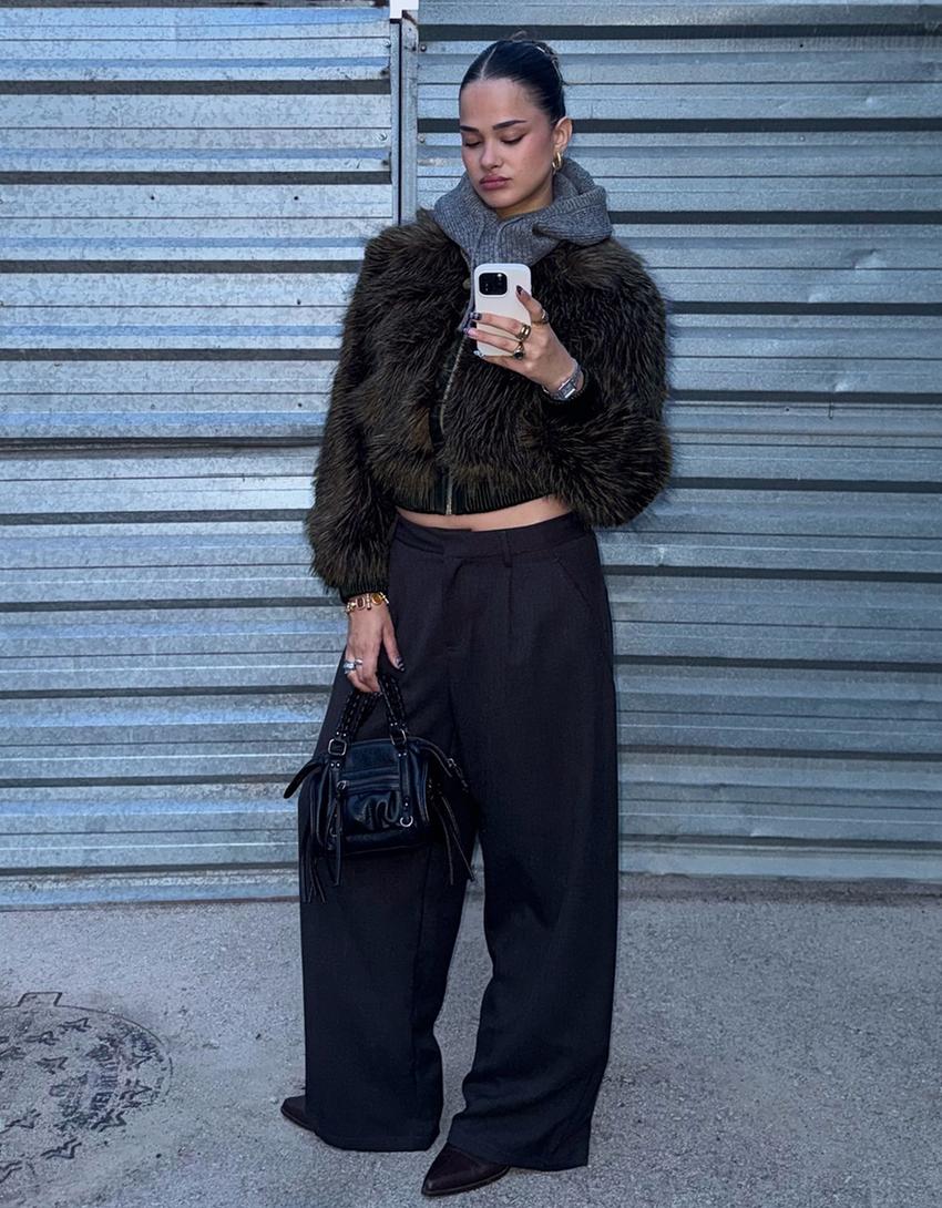 Zip-up faux fur jacket-Grey